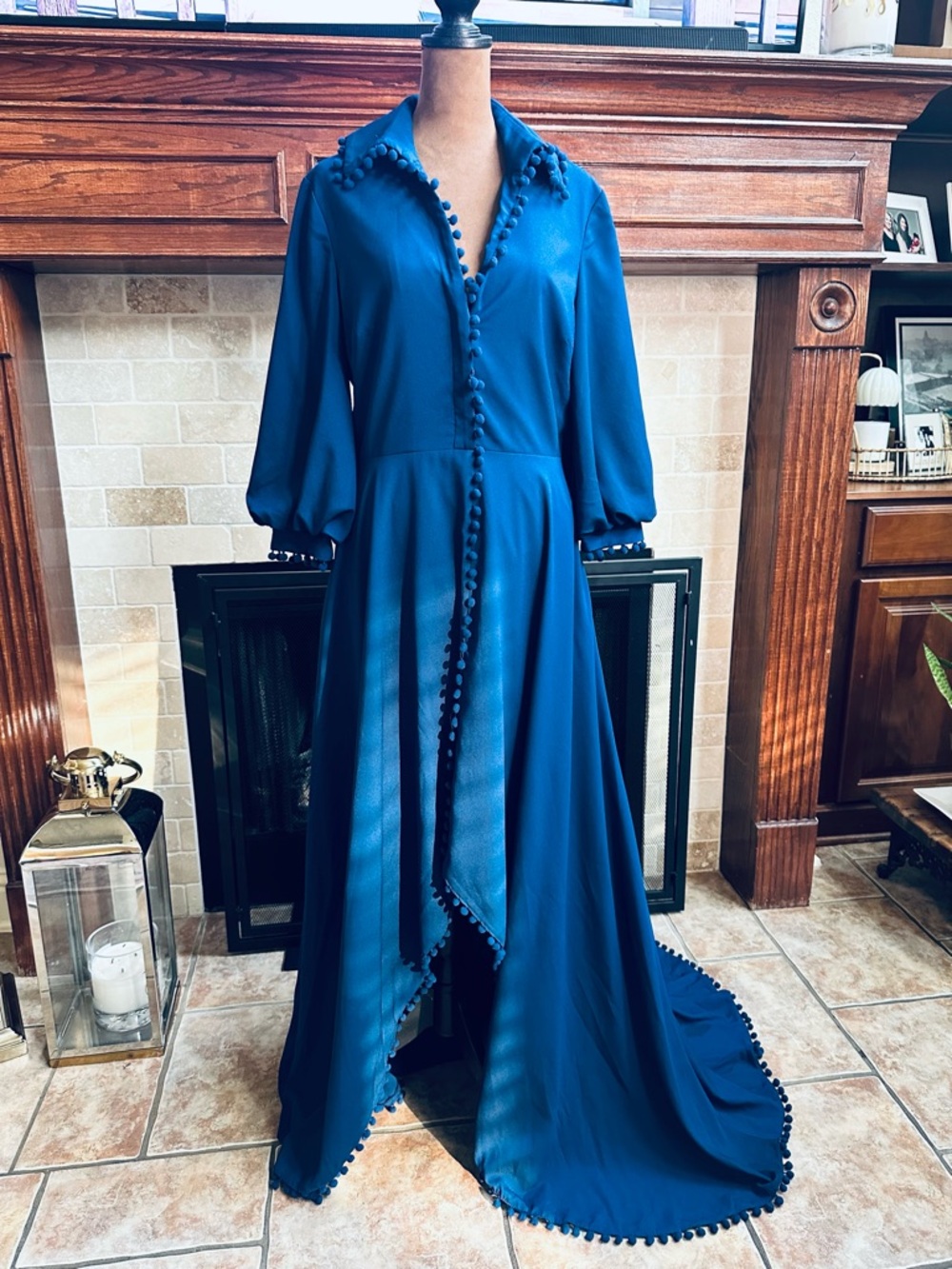 STUNNING Badgley Mischka Royal Blue High-Low Pom-Trim Maxi Dress SZ 10